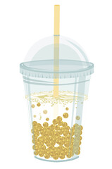 Un bubble tea au lait avec des perles de fruit aux fruits de la passion dans un verre en plastique avec son couvercle et sa paille.