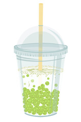 Un bubble tea au lait avec des perles de fruit &agrave; la pomme ou &agrave; la menthe dans un verre en plastique avec son couvercle et sa paille.
