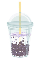 Un bubble tea au lait avec des perles de fruit aux myrtilles dans un verre en plastique avec son couvercle et sa paille.