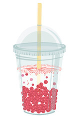 Un bubble tea au lait avec des perles de fruit aux fraises dans un verre en plastique avec son couvercle et sa paille.