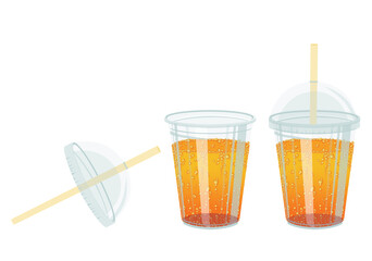 Gobelet en plastique recyclable et transparent avec ou sans son couvercle et sa paille contenant un soda ou une boisson gazeuse à l'orange ou aux fruits.