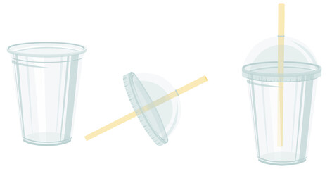 Un gobelet en plastique avec et sans le couvercle et sa paille, recyclable. Gobelet à recycler, jetable et écologique pour voyager, fête, camping et à emporter.