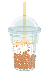 Un bubble tea au lait avec des perles de fruit &agrave; la p&ecirc;che dans un verre en plastique avec son couvercle et sa paille.