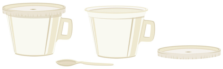 Tasse &agrave; caf&eacute; ou th&eacute; en carton recycl&eacute; jetable avec ou sans son couvercle et sa petite cuill&egrave;re.  Mat&eacute;riaux jetable, recyclables, &eacute;cologiques pour camping, f&ecirc;tes et pour tous les jours sur fond blanc.