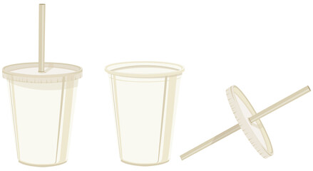 Gobelet en carton et papier recycl&eacute; jetable avec ou sans son couvercle et sa petite cuill&egrave;re.  Mat&eacute;riaux jetable, recyclables, &eacute;cologiques pour camping, f&ecirc;tes et pour tous les jours sur fond blanc.