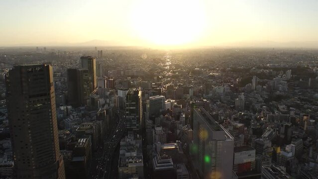 TOKYO, JAPAN : Aerial sunset CITYSCAPE of TOKYO and MOUNT FUJI. View of buildings around Shibuya station. Time lapse shot, dusk to night. Japanese urban city life and metropolis concept, 4K video.