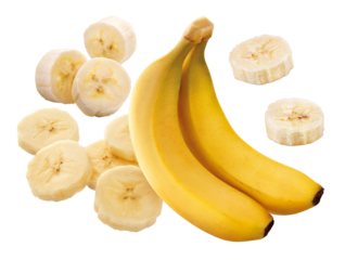 Cacho de bananas e rodelas de banana em fundo transparente - conjunto de banana nanica 