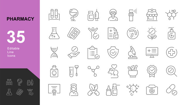 Pharmacy Line Editable Icons set. Vector illustration in modern thin line style of medical icons: types of drugs, research, tests, and manufacturing process. Pictograms and infographics for mobile app