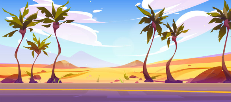 Sand desert road view palm tree landscape scene landscape background. Cartoon australian summer valley with path tropical design vector illustration. Empty straight pathway and dunes terrain picture