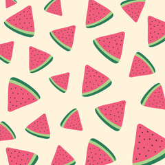 Piece of watermelons over beige background. Seamless pattern of watermelons. Vector illustration.