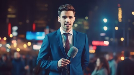 Anchorman Reporting Live News in a City at Night, Generative AI - obrazy, fototapety, plakaty