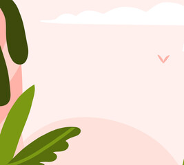 Hand drawn abstract graphic clipart illustration vector background poster print of composition with abstract pink nature sky with clouds and flying birds,tropical landscape panorama with copy space.