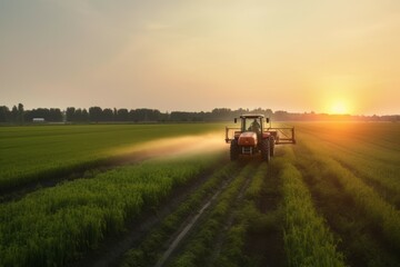 Fototapeta premium Tractor field spraying sunset. Generate Ai