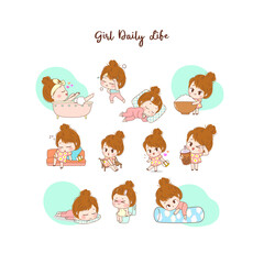 Cute Girl routine character design illustrations set. daily life of girl. sleeping, take a bath, excercise