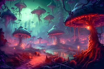 Fototapeta na wymiar Fantasy mushroom world landscape. AI generative