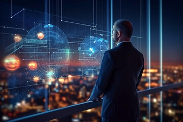 Fototapeta premium Businessman planning business investment growth management concept on virtual screens. Generative Ai content