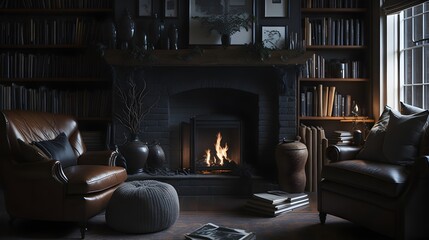 The Warmth of Home: A Comfortable Living Room with Books and a Fireplace
