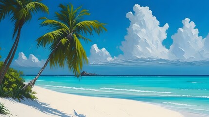 Fototapeta na wymiar beach with palm trees, Tropical Oasis