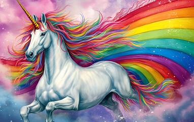 Obraz na płótnie Canvas White unicorn in Rainbow flag colors. Symbol of lgbt gay community and homosexuality. Ai Generative illustration