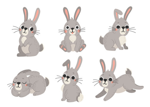 Vector set of cute rabbits in cartoon style. Bunny pet silhouette in different poses. Hare and rabbit colorful illustration for childrens book, postcards and posters.