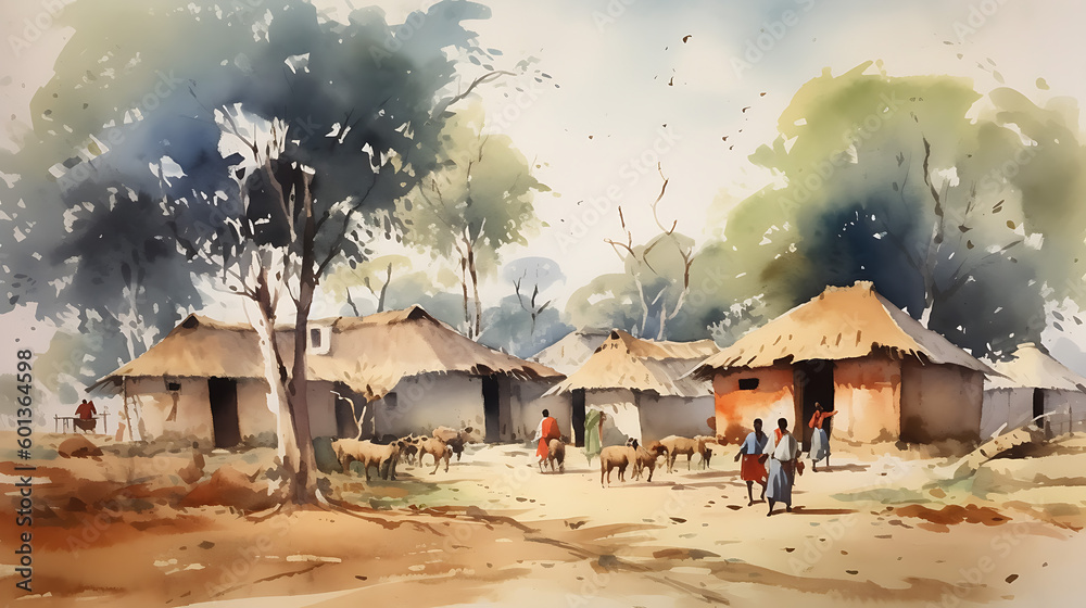 Wall mural Watercolour painting of Indian village life. Generative AI.