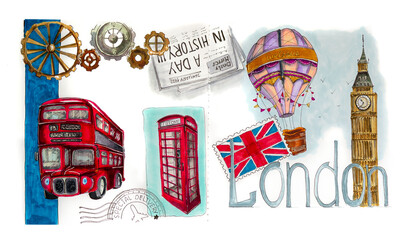 England , sights of London, postcard , hand-drawing , illustration 