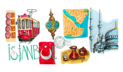 Turkey , the sights of Istanbul, postcard . marker drawing. Illustration