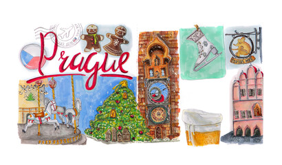 Czech Republic , Prague , postcard , marker drawing , illustration 