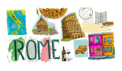 Italy, sights of Rome, postcard , marker drawing , illustration 