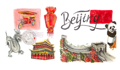 China , the sights of Beijing , postcard , marker drawing 