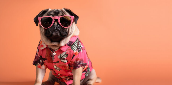 Fototapeta Cute pug wearing in trendy pink sunglasses and hawaiian shirt sitting on orange background with copy space, travel illustration, generative AI