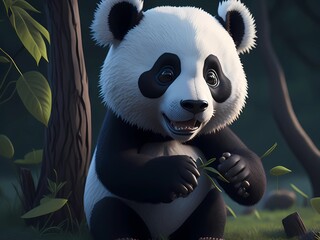 Panda bear eats bamboo in a forest, Generative AI