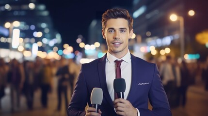 Anchorman Reporting Live News in a City at Night, Generative AI