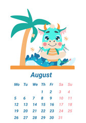 Obraz na płótnie Canvas Vertical page of the children's calendar with a small green dragon. August 2024. Сalendar with a dragon, the symbol of the year. dinosaur on the sea. The illustration is made in a flat cartoon style.