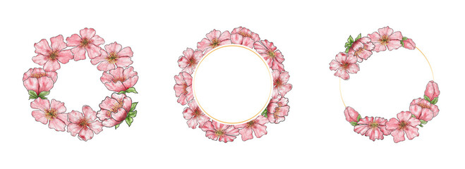 Cherry blossom. Set Invitation, card, banner with watercolor pink cherry blossoms. Blank template. Hand drawing. Round frame with flowers.