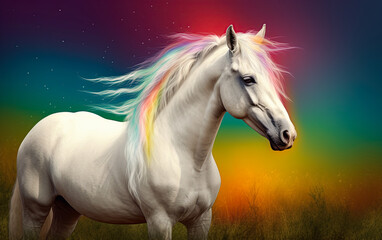 Naklejka na ściany i meble Beautiful white horse in colors of pride flag. Generative Ai illustration