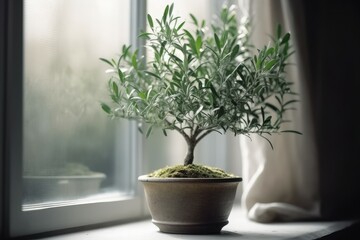 Young olive tree pot window. Generate Ai