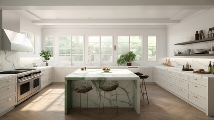 Modern spacious kitchen with white fronts and open shelves, marble kitchen island with bar stools. Large windows overlooking the garden. Generative AI