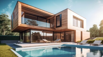 Modern stylish home with a minimalistic design, a spacious terrace, large panoramic windows and a swimming pool in the foreground. Modern minimalistic architecture. Generative AI