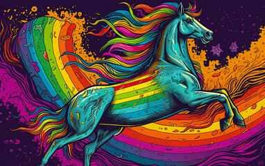 Beautiful horse in colors of pride flag. Generative Ai illustration