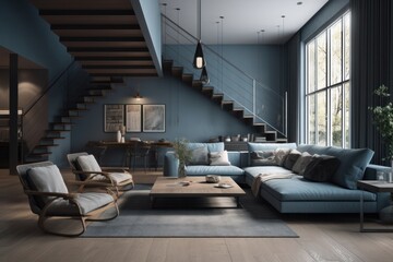 The interior of a modern living room with a kitchen, a dining area and a wooden staircase to the second floor. Soft grays and blues. Modern minimalism. Generative AI