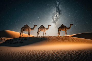 Camel on the background of the night starry sky. Generative AI