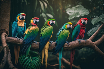 Five colored parrots cheerful on their heads sit on a branch. Generative AI