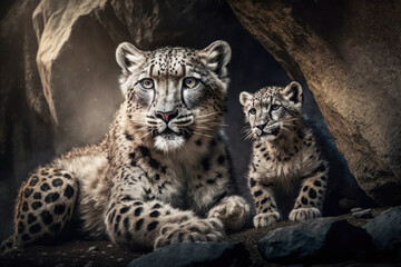 Obraz premium Snow leopard with cub in natural habitat. Generative AI