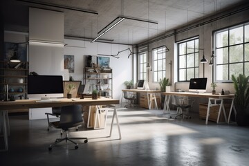 Loft-style office, large modern computers, office tables and chairs, light concrete walls and large panoramic windows. Generative AI