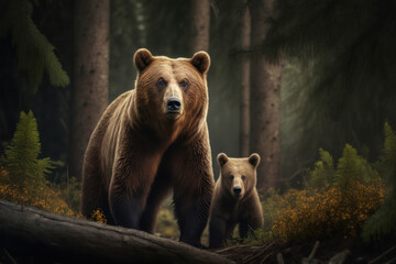 Bear with cub in natural habitat. Generative AI