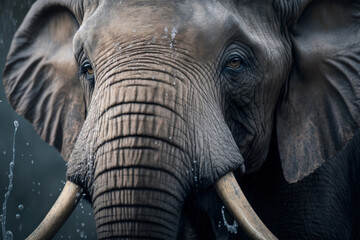 Fototapeta na wymiar Elephant with water splash and tusks. AI Generative