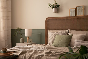 Interior design of bedroom interior with mock up poster frame, cozy bed, beige bedding, plants in...