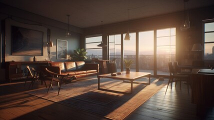 The interior of a luxury apartment in a modern building with panoramic windows and a stunning view of the city in the rays of the setting sun. Generative AI