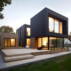 Modular house made with wood with large panoramic windows. Mobile eco-friendly space for living and tourism. AI Generated. Generative AI